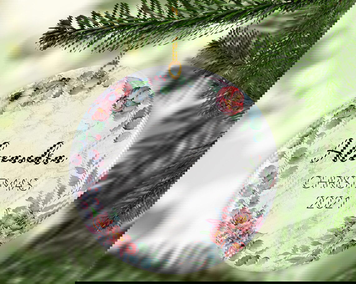 Personalised First Christmas Baby Girl Boy Initial Eucalyptus Greenery Marble Style Ceramic Round Decoration Ornament Keepsake Marble Effect - Craftellery