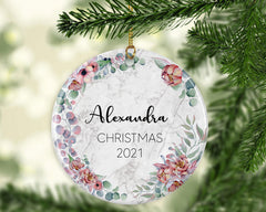 Personalised First Christmas Baby Girl Boy Initial Eucalyptus Greenery Marble Style Ceramic Round Decoration Ornament Keepsake Marble Effect - Craftellery