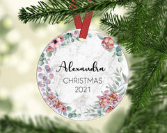 Personalised First Christmas Baby Girl Boy Initial Eucalyptus Greenery Marble Style Ceramic Round Decoration Ornament Keepsake Marble Effect - Craftellery