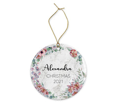 Personalised First Christmas Baby Girl Boy Initial Eucalyptus Greenery Marble Style Ceramic Round Decoration Ornament Keepsake Marble Effect - Craftellery