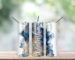Personalised Skinny Tumbler | Gold and Blue Marble Effect with your Name