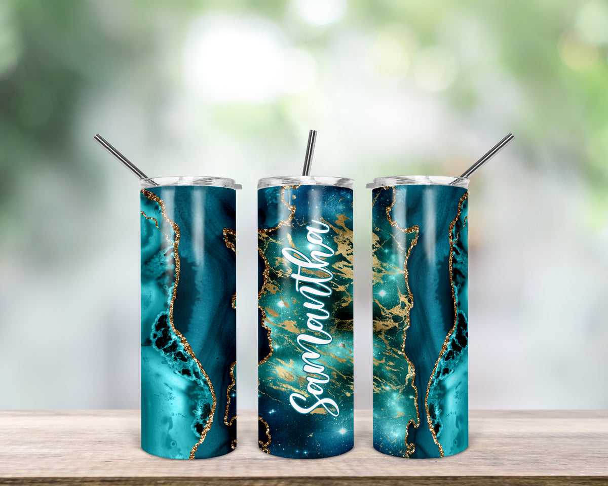 Personalised Skinny Tumbler | Gold and Turquoise Marble Effect with your Name