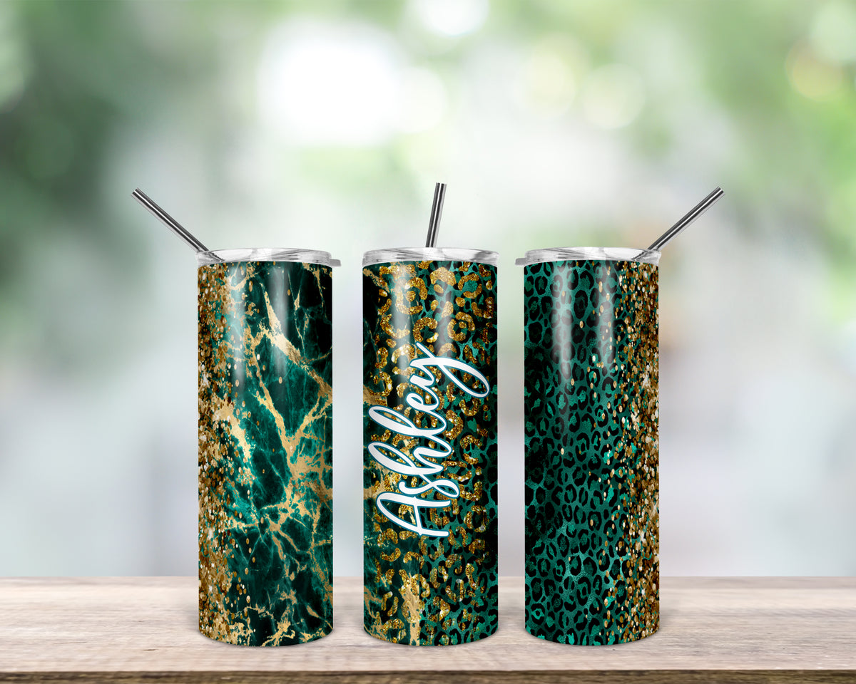 Personalised Skinny Tumbler | Gold and Turquoise Animal Prints Effect with your Name