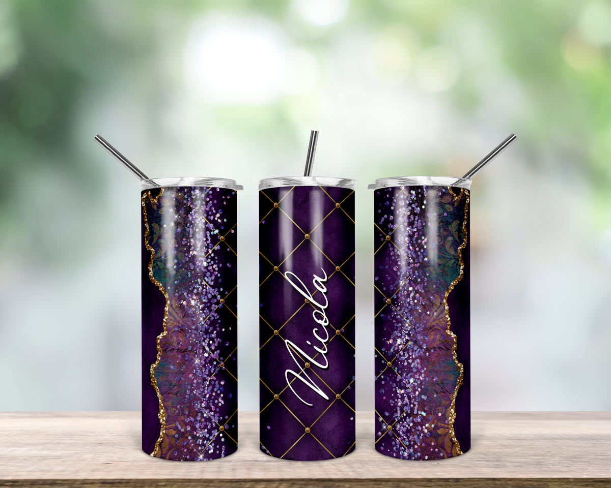 Personalised Skinny Tumbler | Gold & Purple Marble Effect with your Name