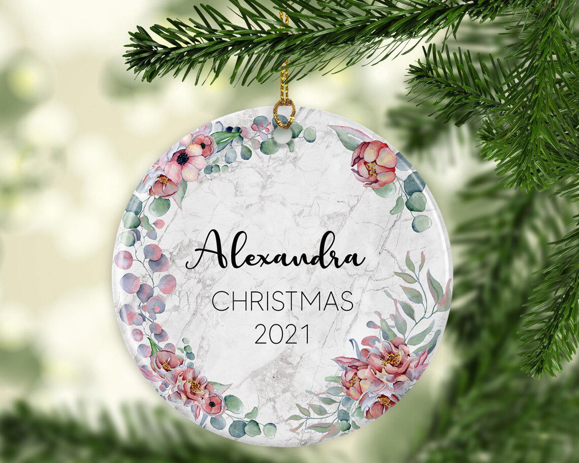 Personalised First Christmas Baby Girl Boy Initial Eucalyptus Greenery Marble Style Ceramic Round Decoration Ornament Keepsake Marble Effect - Craftellery