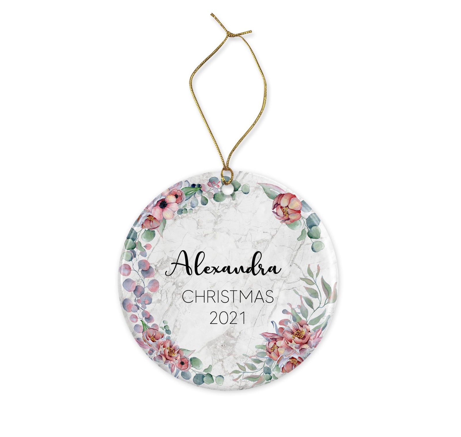 Personalised First Christmas Baby Girl Boy Initial Eucalyptus Greenery Marble Style Ceramic Round Decoration Ornament Keepsake Marble Effect - Craftellery