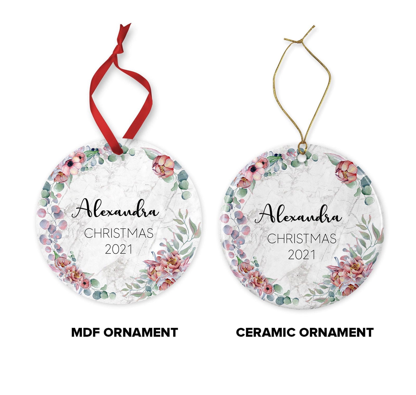 Personalised First Christmas Baby Girl Boy Initial Eucalyptus Greenery Marble Style Ceramic Round Decoration Ornament Keepsake Marble Effect - Craftellery