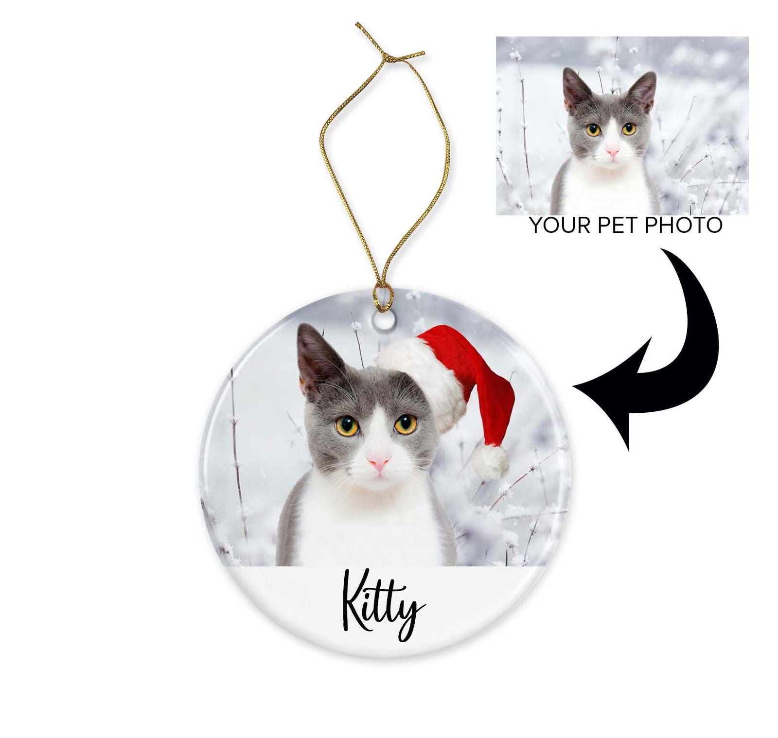 Pet with Santa Hat Christmas Ornament - Ceramic or MDF Christmas Tree ornament - Pet Photo Ornament - Cat or Dog - Christmas Pet Ornament - Craftellery