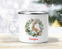 Personalised Enamel Mug | Customised with Your Name | Reindeer Christmas Theme