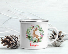 Personalised Enamel Mug | Customised with Your Name | Reindeer Christmas Theme