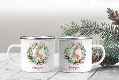 Personalised Enamel Mug | Customised with Your Name | Reindeer Christmas Theme