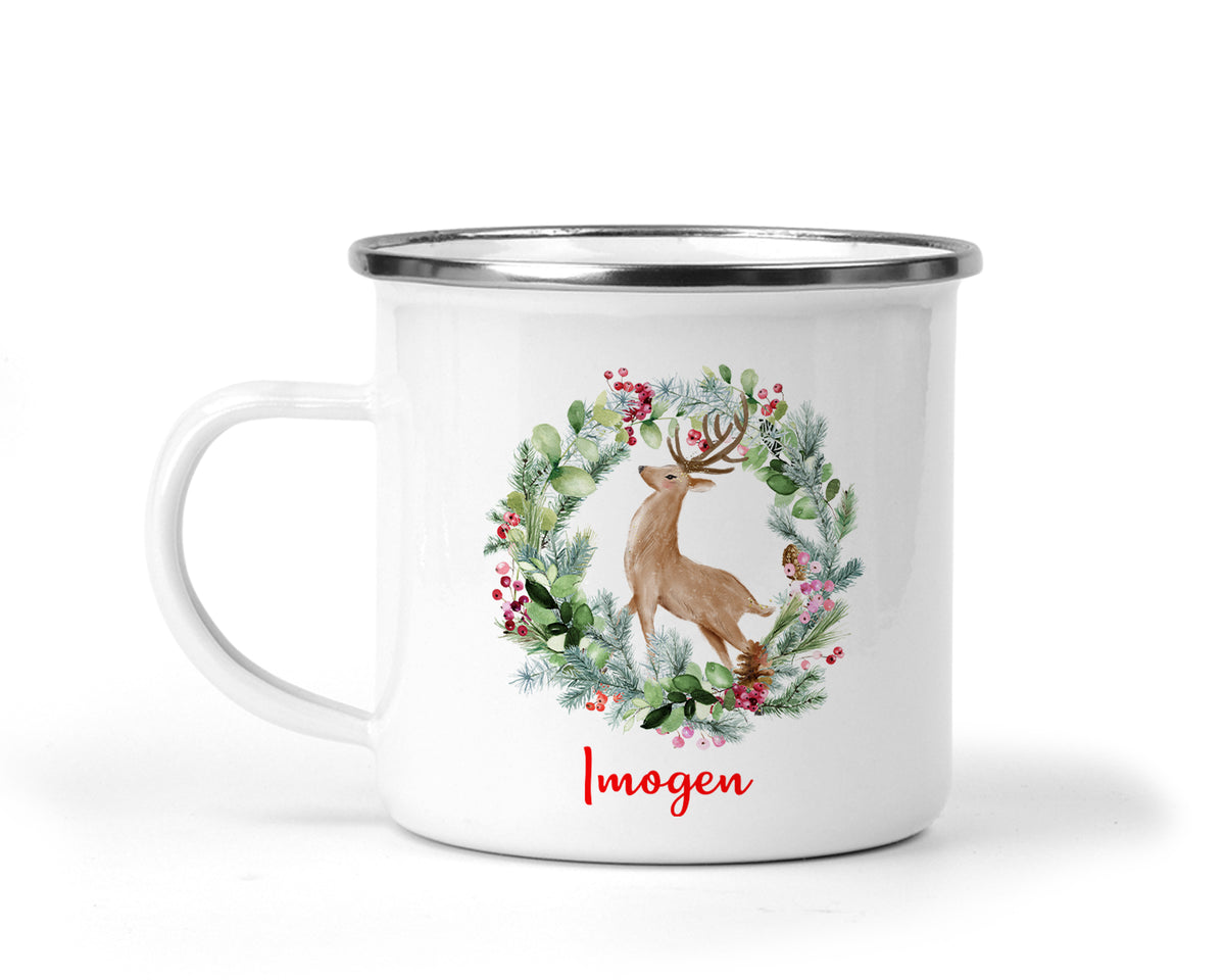 Personalised Enamel Mug | Customised with Your Name | Reindeer Christmas Theme